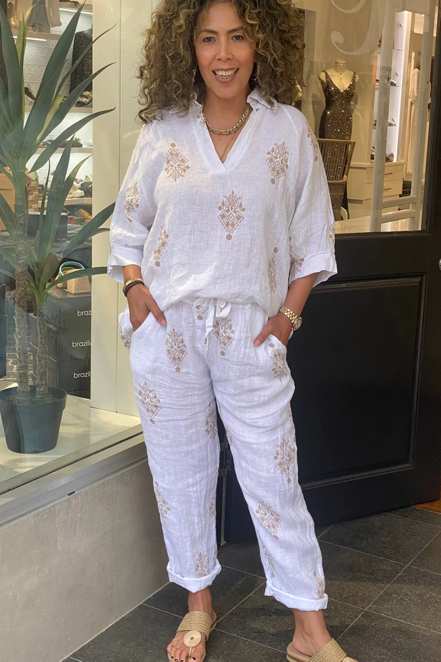 Cindy G Linen Lovers | Ladies Pants*Aztec Print Pants - White - CG43