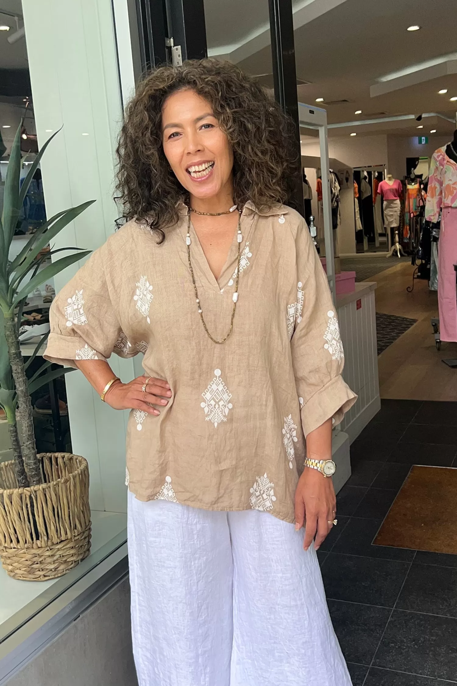 Cindy G Linen Lovers | Shirts & Tops*Aztec Print Top - Camel - CG44