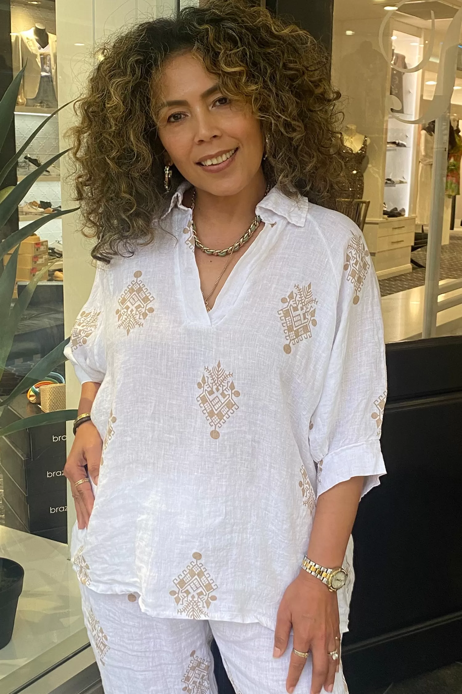 Cindy G Linen Lovers | Shirts & Tops*Aztec Print Top - White - CG44