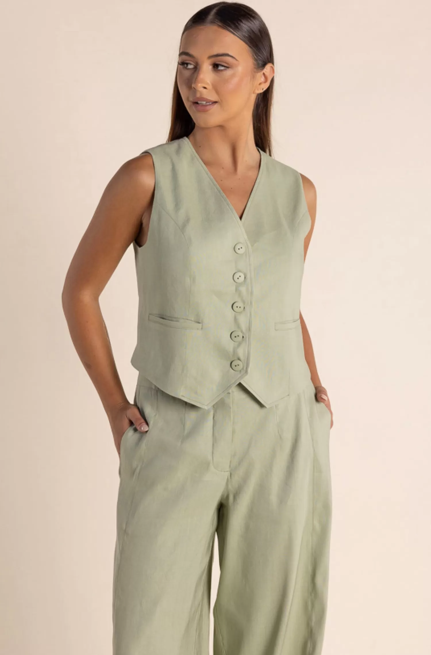 Two-T's Vests*Carol Linen Mix Vest - Avocado - TT46