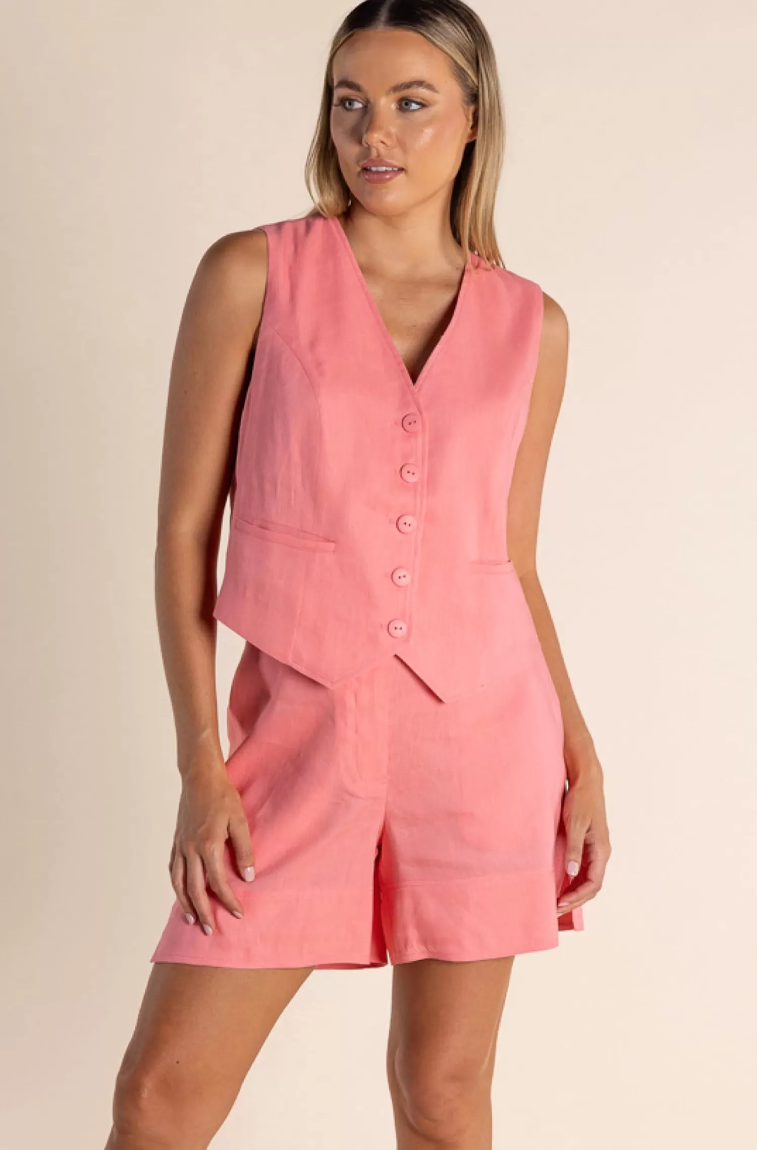 Two-T's Vests*Carol Linen Mix Vest - Coral - TT46