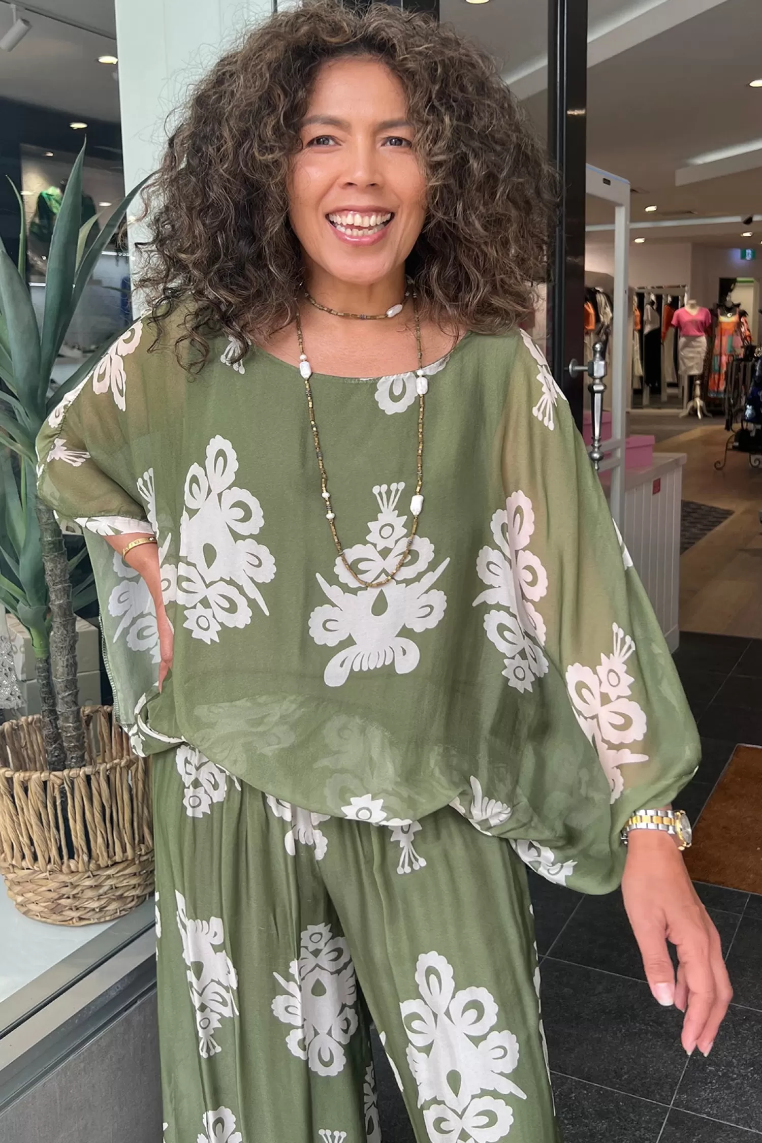 Cindy G Shirts & Tops*Clover Print Top - Khaki/Cream - CG36