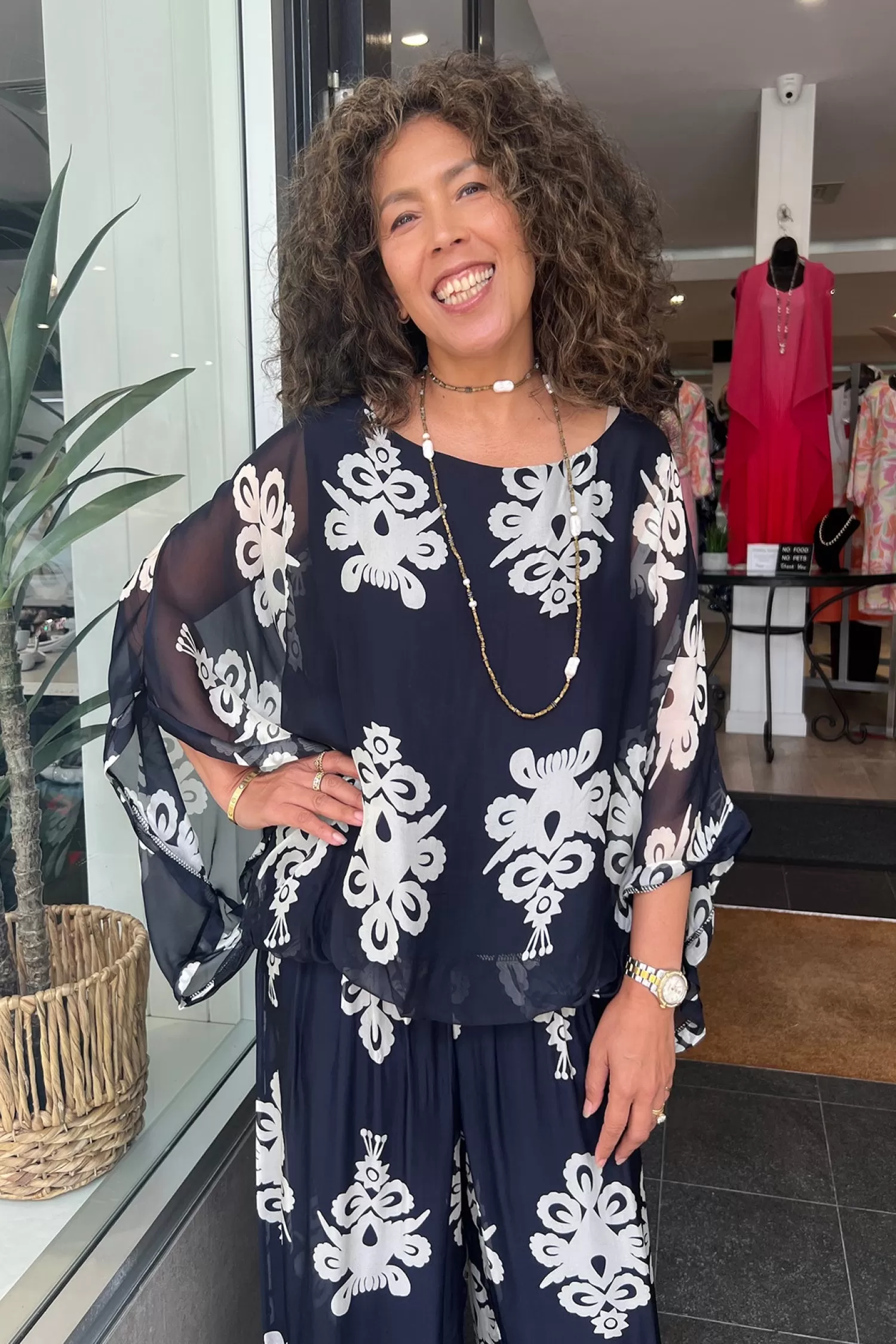 Cindy G Shirts & Tops*Clover Print Top - Navy/Cream - CG36