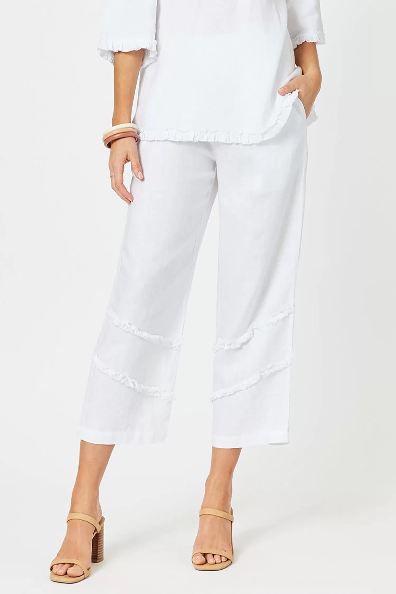 Hammock & Vine Ladies Pants*Fringed Linen Pant - White - HV19