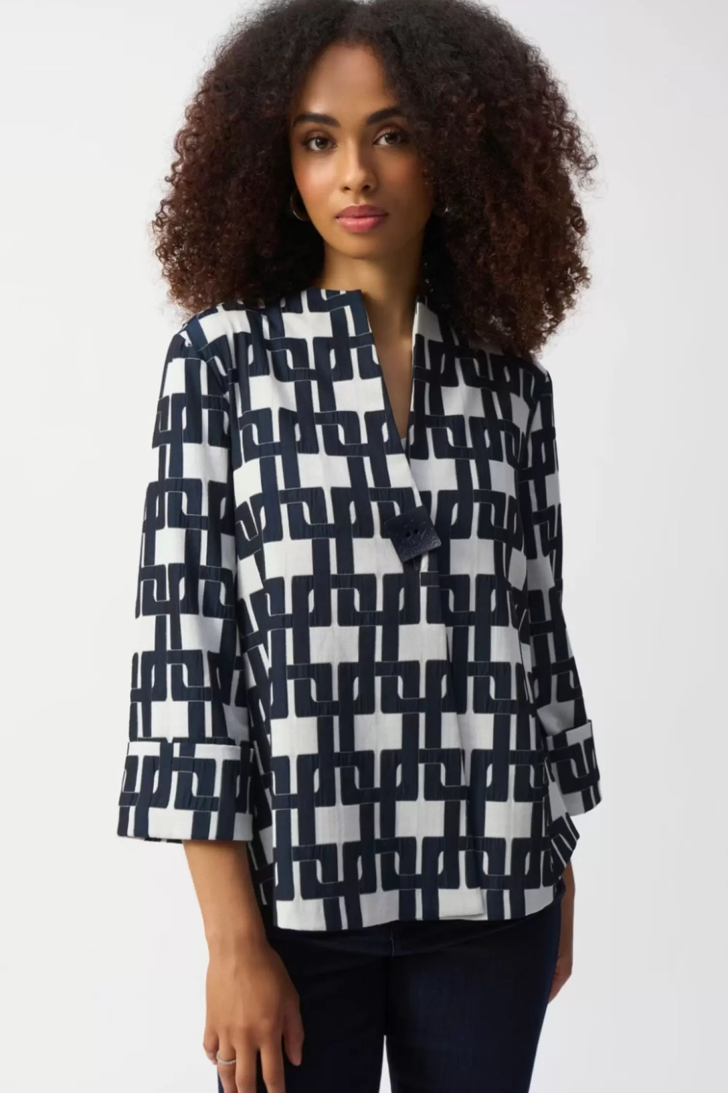 Joseph Ribkoff Coats & Jackets*Geometric Trapeze Jacket - Off White/Navy - JR37