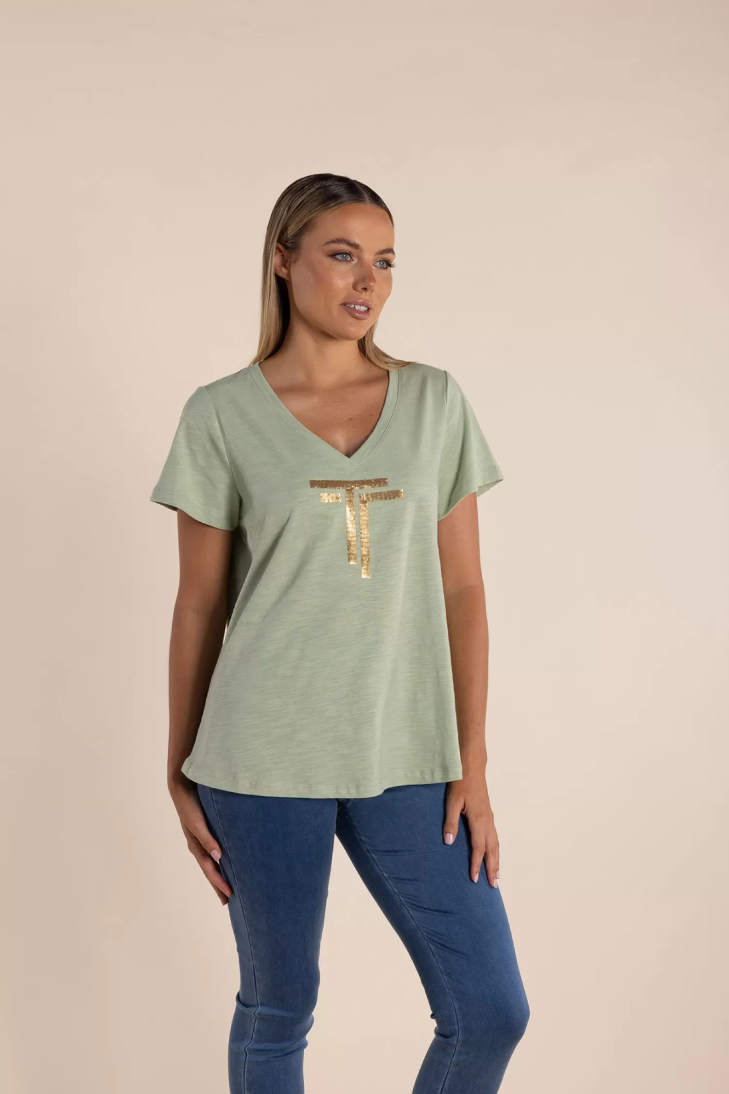 Two-T's Shirts & Tops*Gold Logo Sequin V-Neck Tee - Avocado - TT52