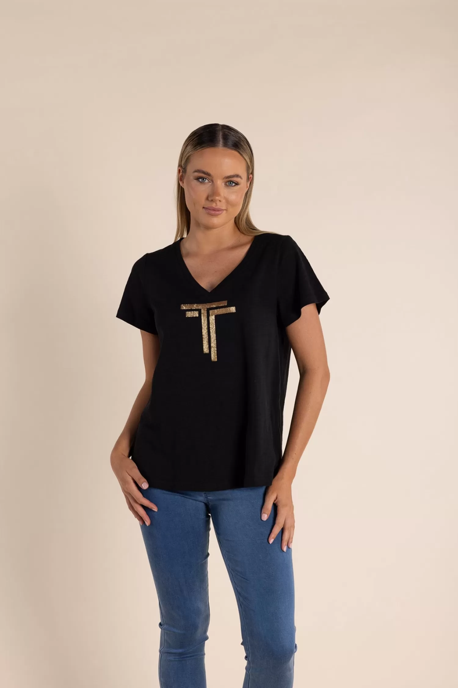 Two-T's Shirts & Tops*Gold Logo Sequin V-Neck Tee - Black - TT52