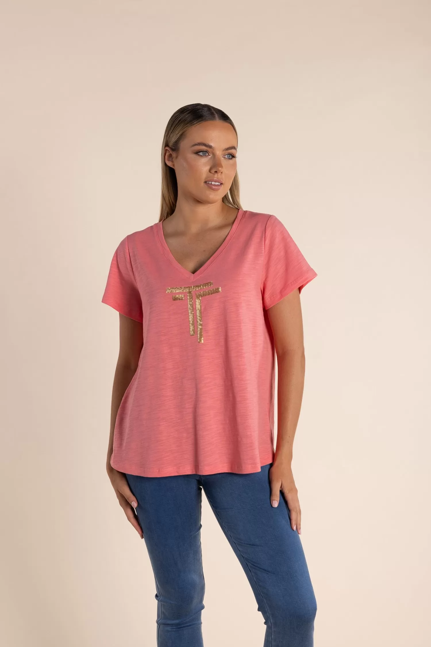 Two-T's Shirts & Tops*Gold Logo Sequin V-Neck Tee - Coral - TT52