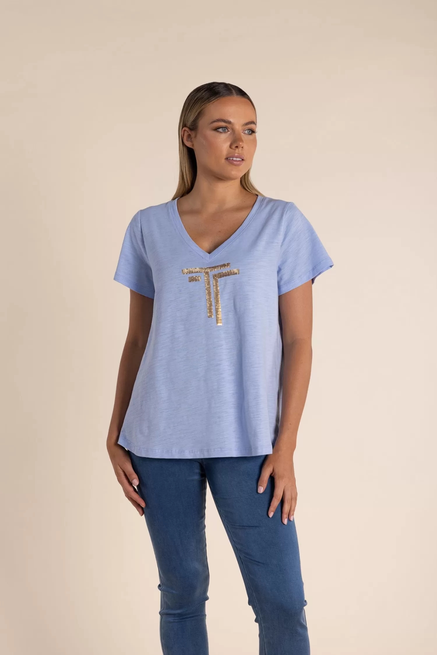Two-T's Shirts & Tops*Gold Logo Sequin V-Neck Tee - Sky - TT52
