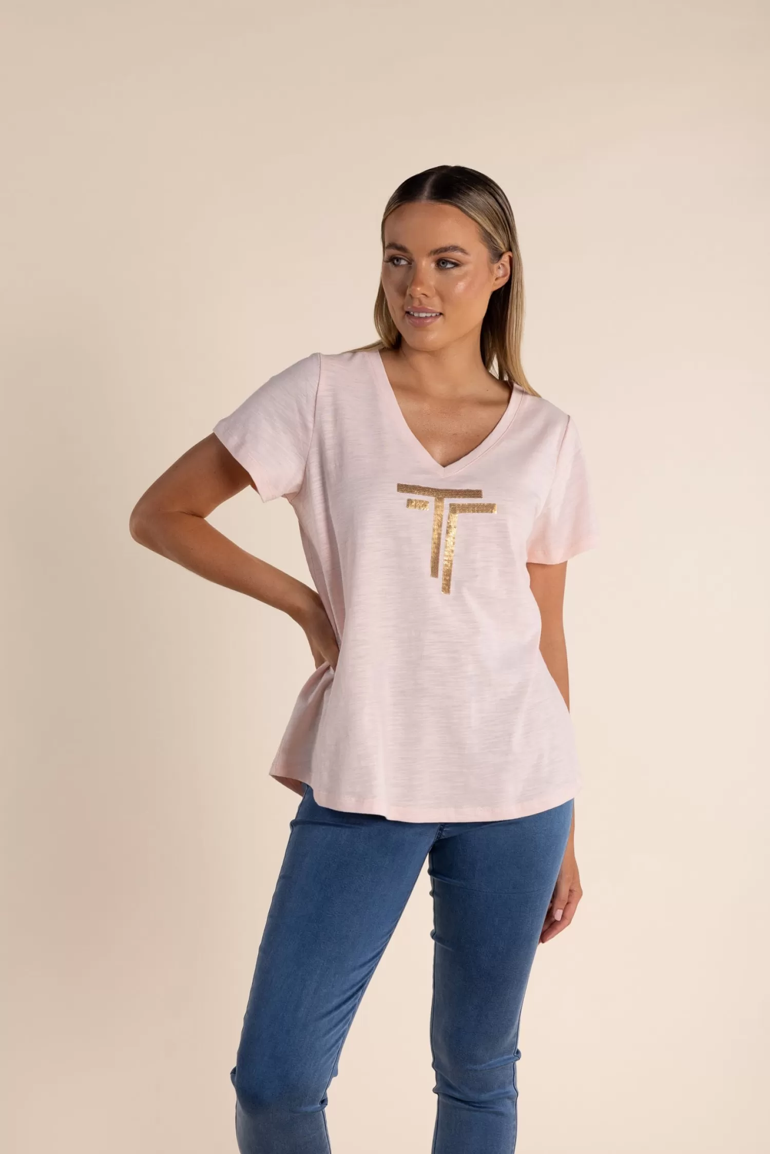 Two-T's Shirts & Tops*Gold Logo Sequin V-Neck Tee - Soft Pink - TT52