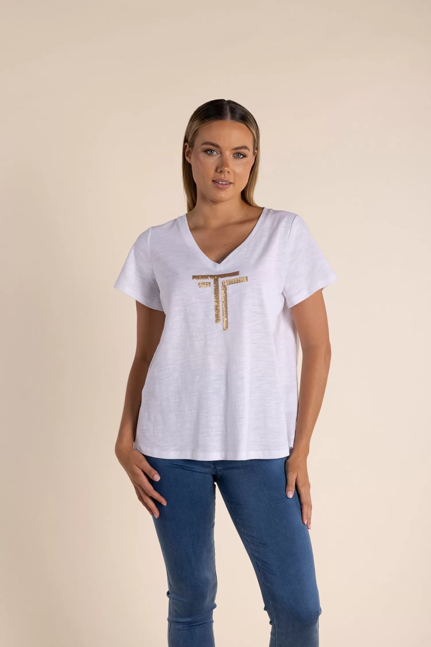 Two-T's Shirts & Tops*Gold Logo Sequin V-Neck Tee - White - TT52