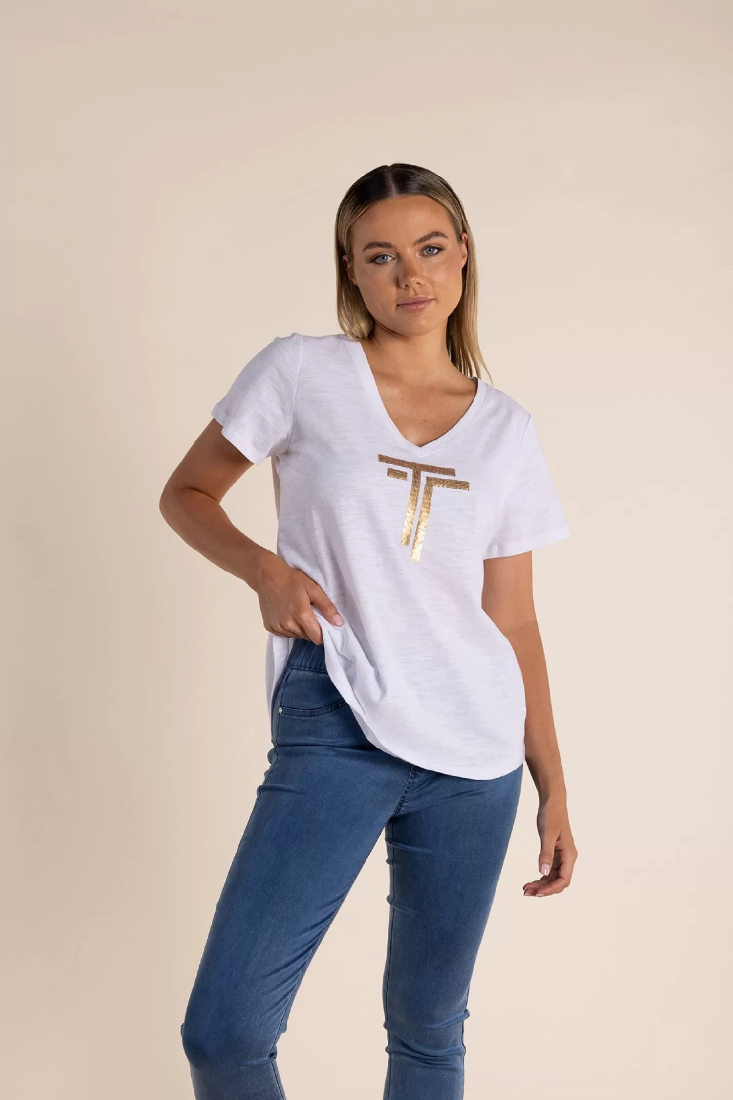 Two-T's Shirts & Tops*Gold Logo Sequin V-Neck Tee - White - TT52