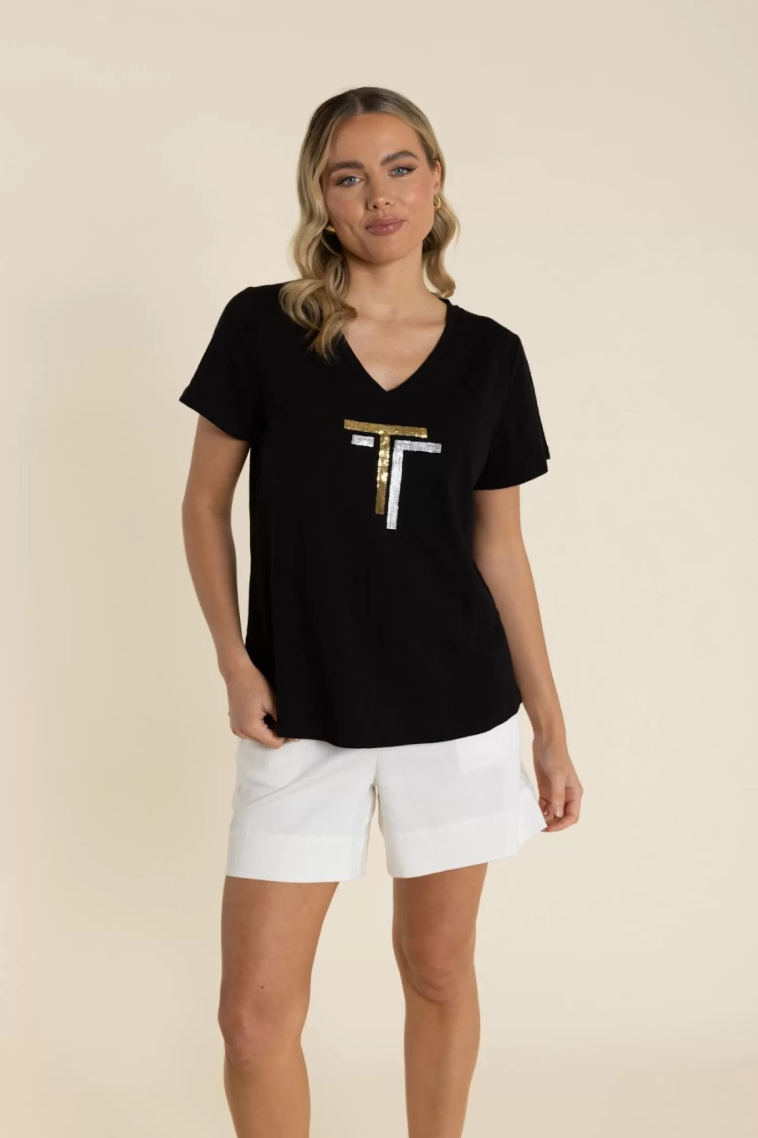 Two-T's Shirts & Tops*Gold/Silver Logo Sequin V-Neck Tee - Black - TT60