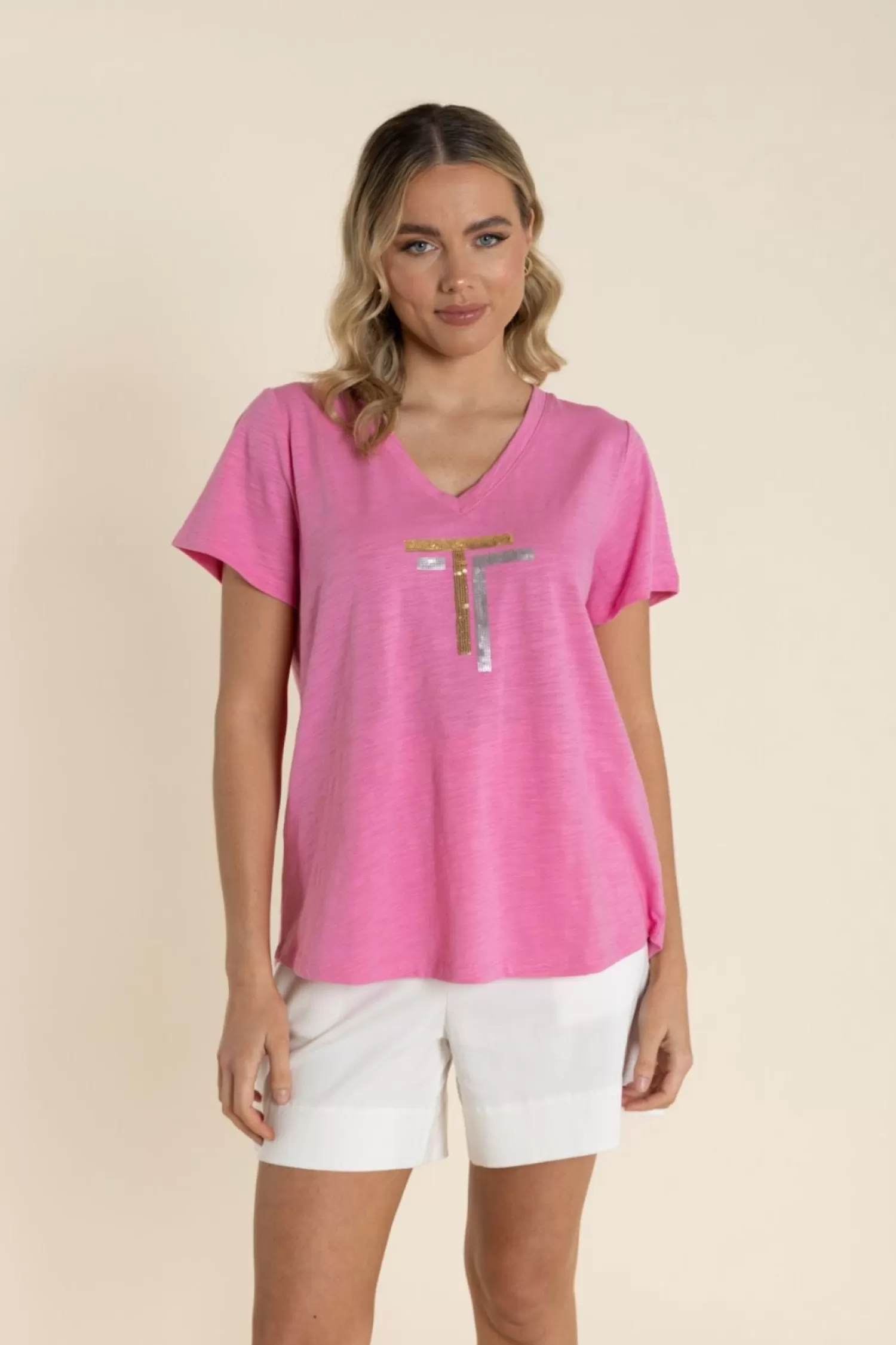Two-T's Shirts & Tops*Gold/Silver Logo Sequin V-Neck Tee - French Pink - TT60