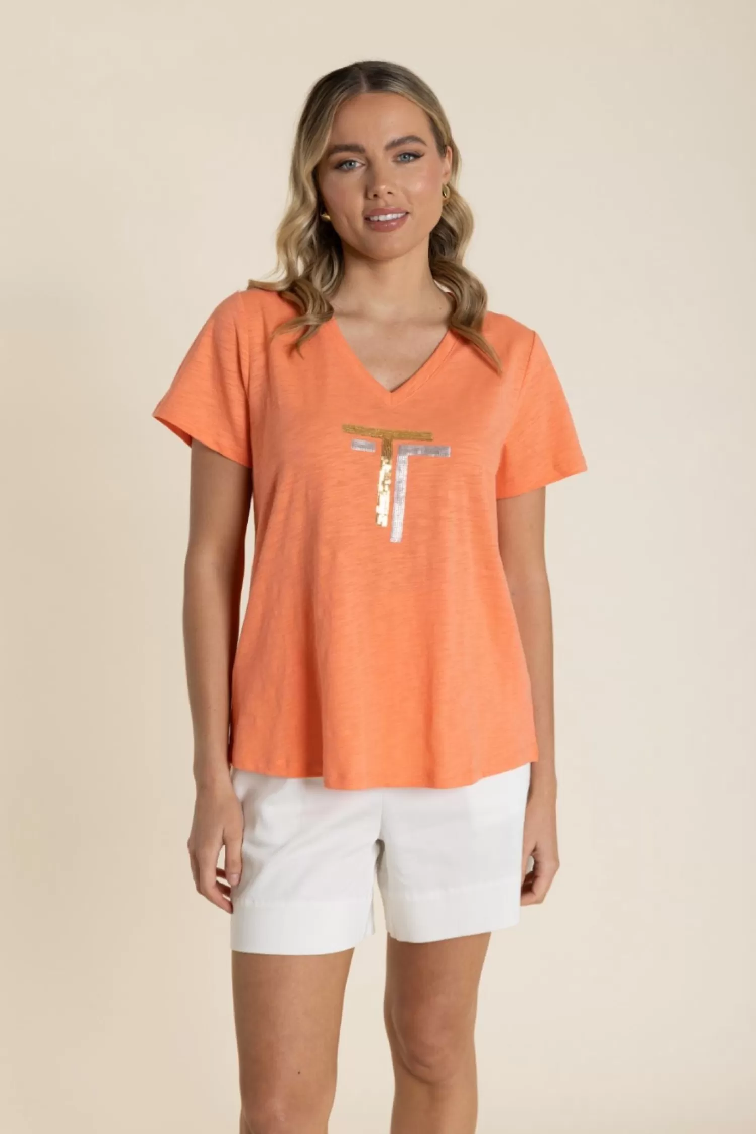 Two-T's Shirts & Tops*Gold/Silver Logo Sequin V-Neck Tee - Tangelo - TT60