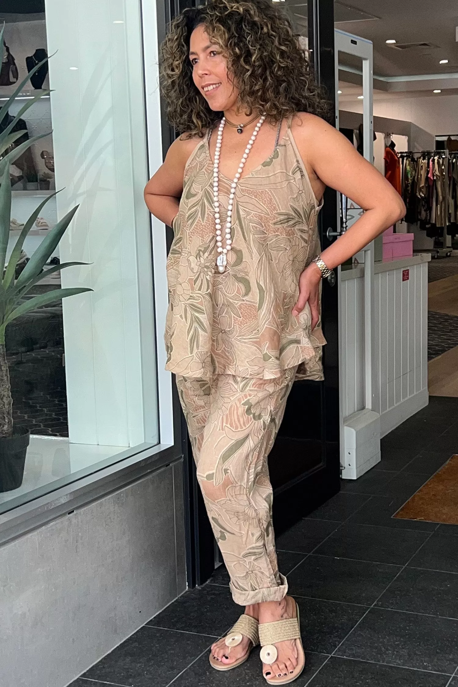 Cindy G Linen Lovers | Shirts & Tops*Holly Print Shoe-String Top - Camel - CG41