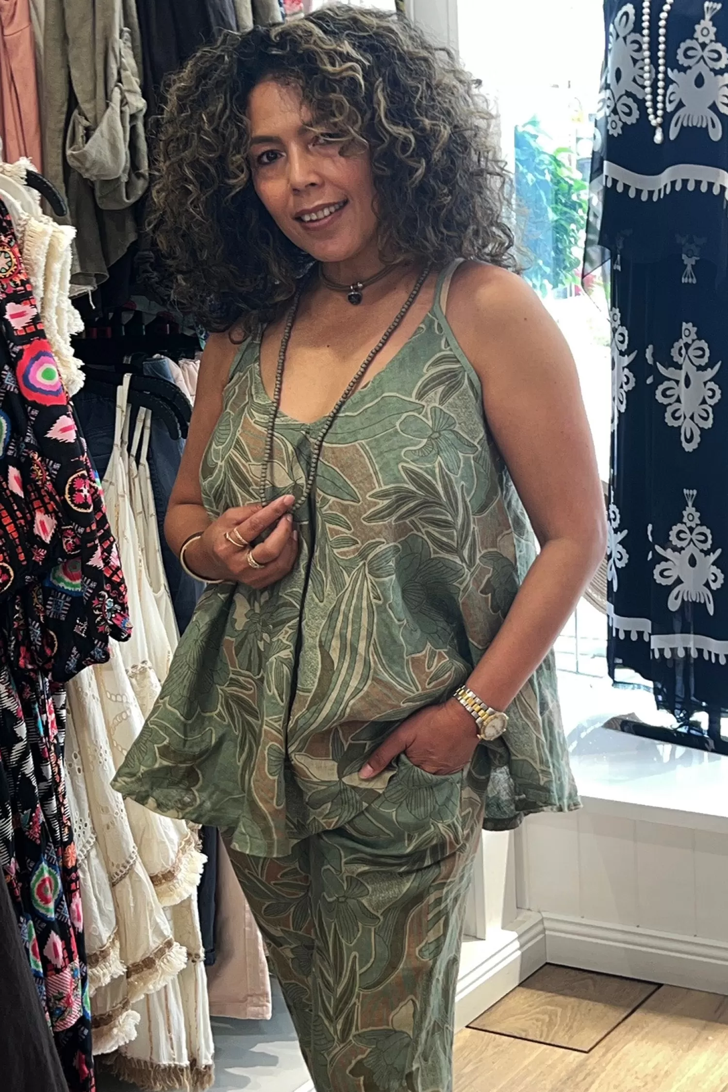 Cindy G Linen Lovers | Shirts & Tops*Holly Print Shoe-String Top - Green - CG41