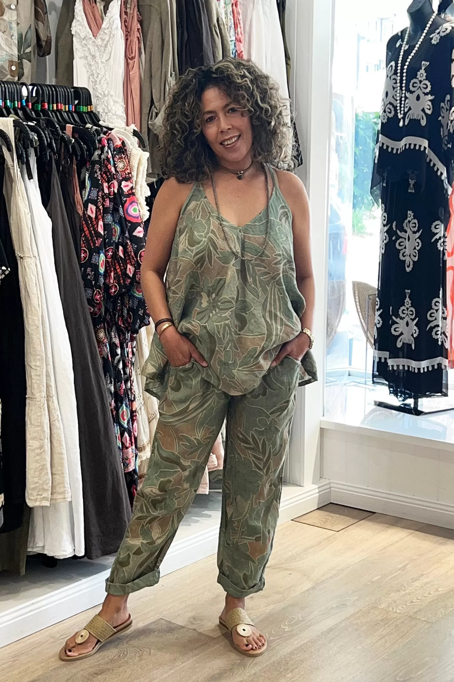 Cindy G Linen Lovers | Shirts & Tops*Holly Print Shoe-String Top - Green - CG41