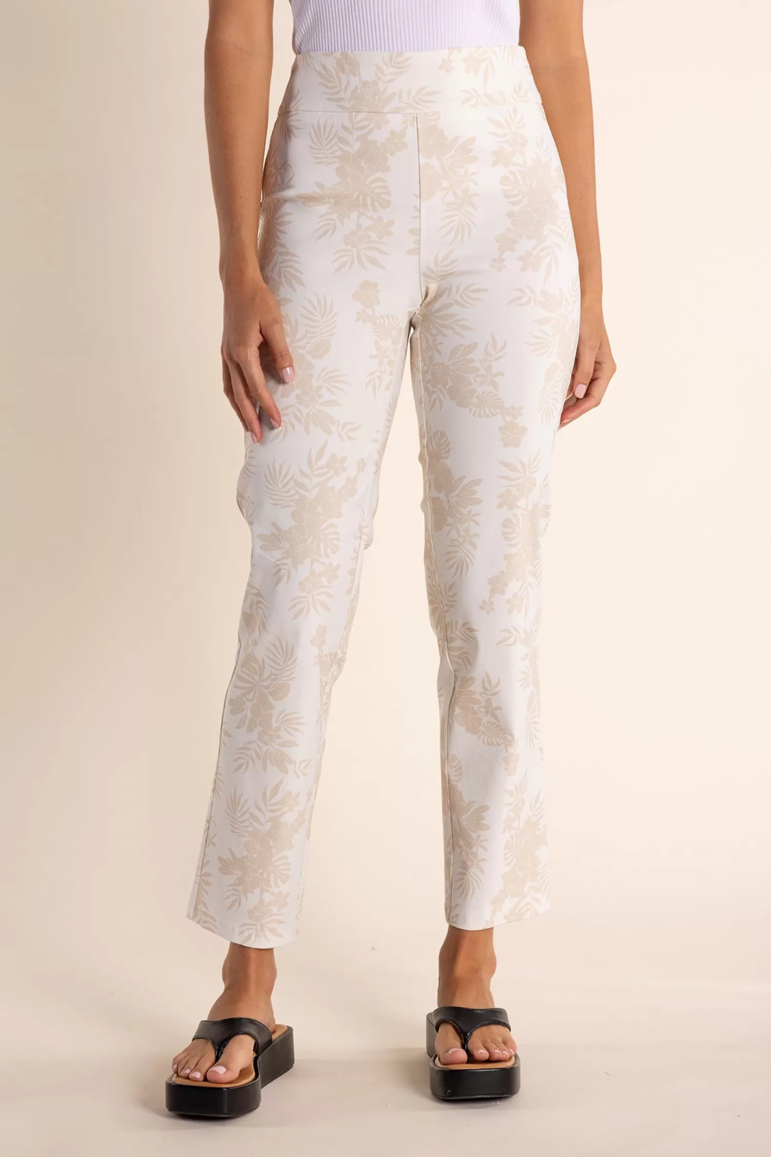 Two-T's Ladies Pants*Leaf Print Pant - Natural/White - TT24