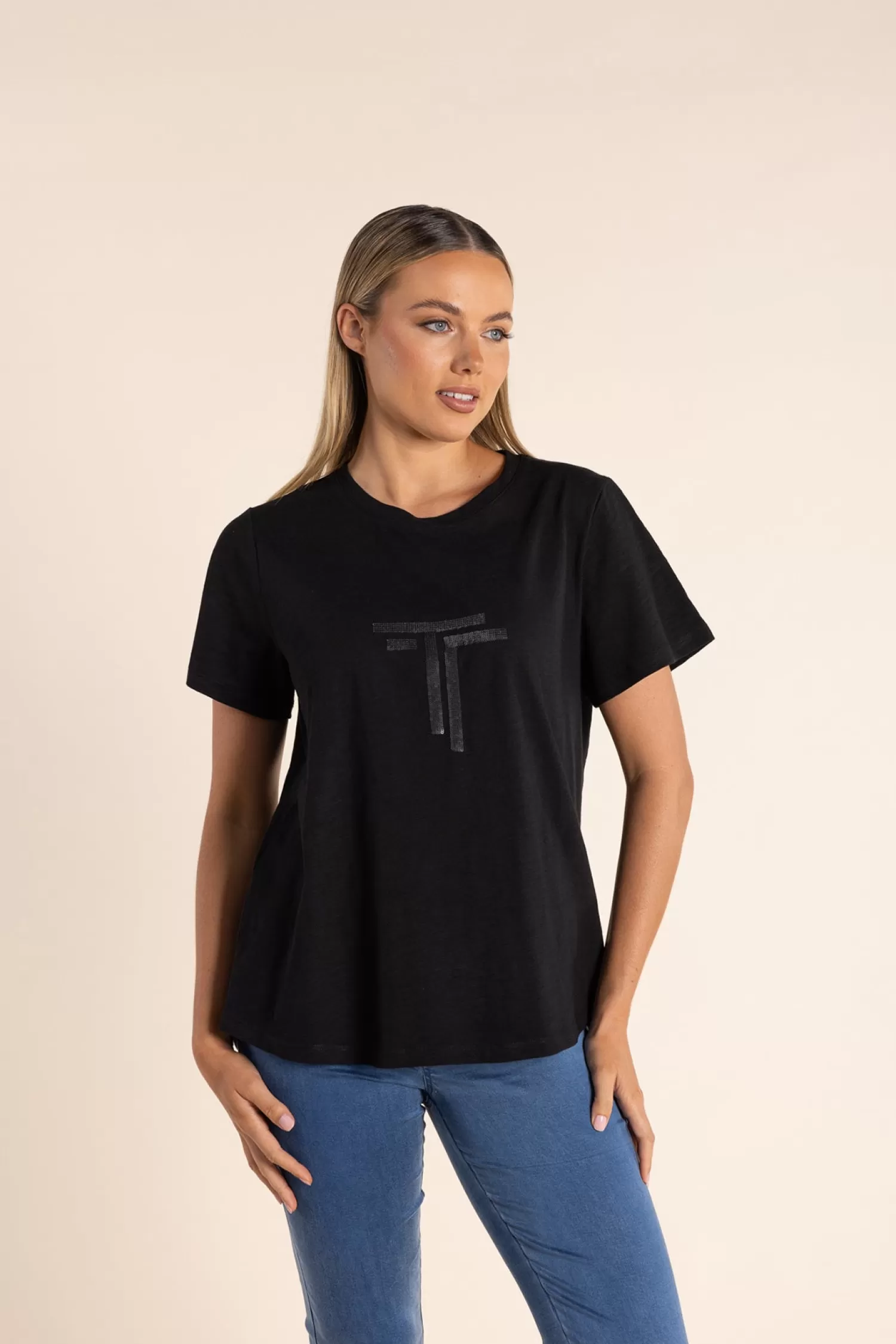 Two-T's Shirts & Tops*Logo Sequin Crew Tee - Black - TT53