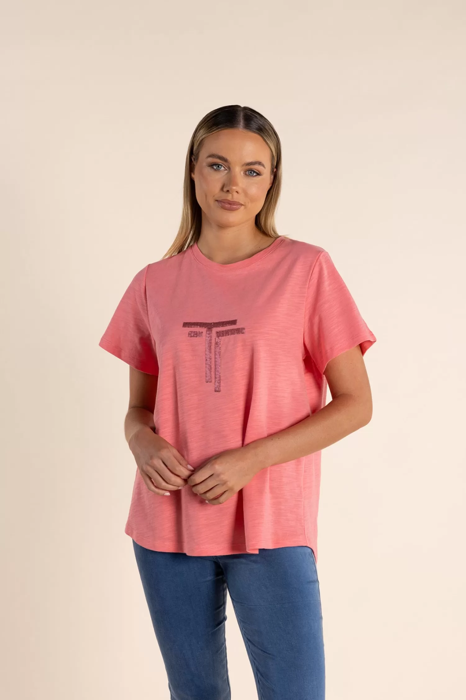 Two-T's Shirts & Tops*Logo Sequin Crew Tee - Coral - TT53
