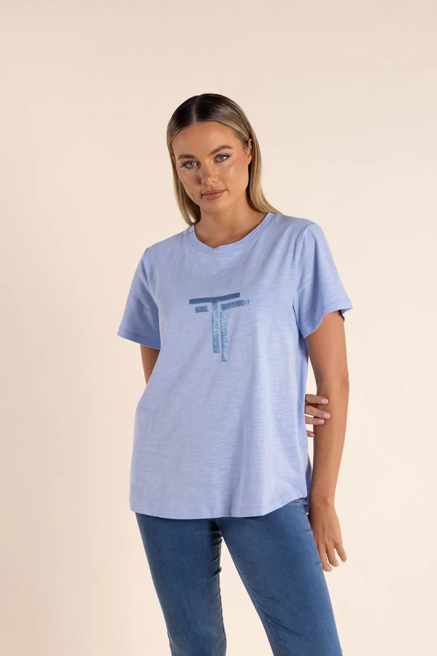 Two-T's Shirts & Tops*Logo Sequin Crew Tee - Sky - TT53