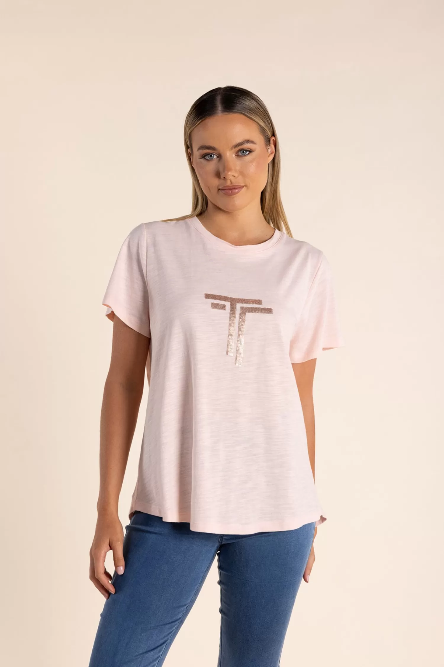 Two-T's Shirts & Tops*Logo Sequin Crew Tee - Soft Pink - TT53
