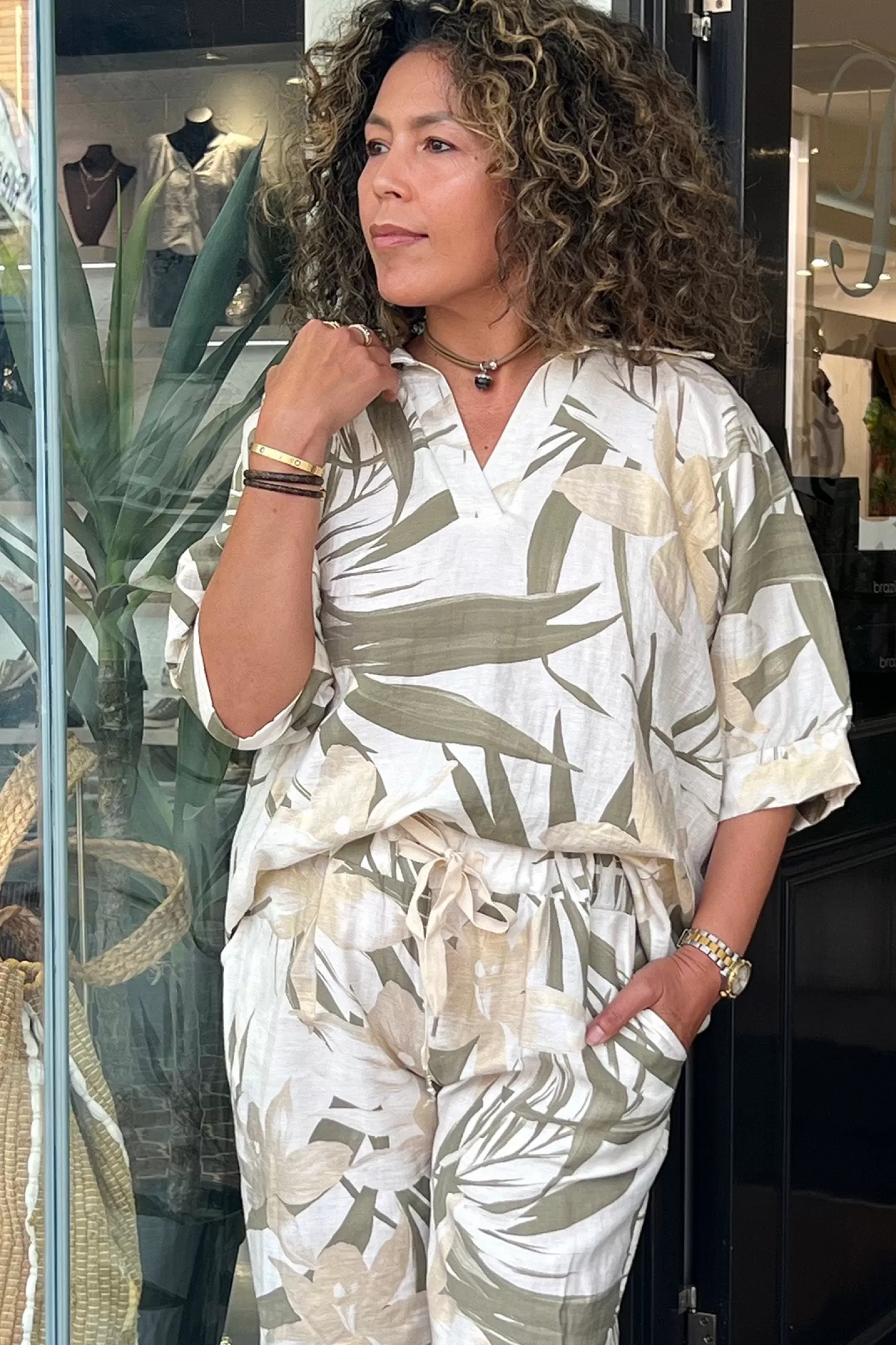 Cindy G Shirts & Tops*Lucy Print Top - Khaki/Gold - CG48