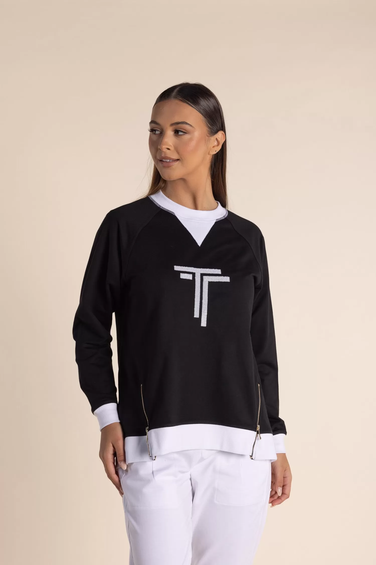 Two-T's Activewear*Naya Zip Sweat - Black / White - TT54