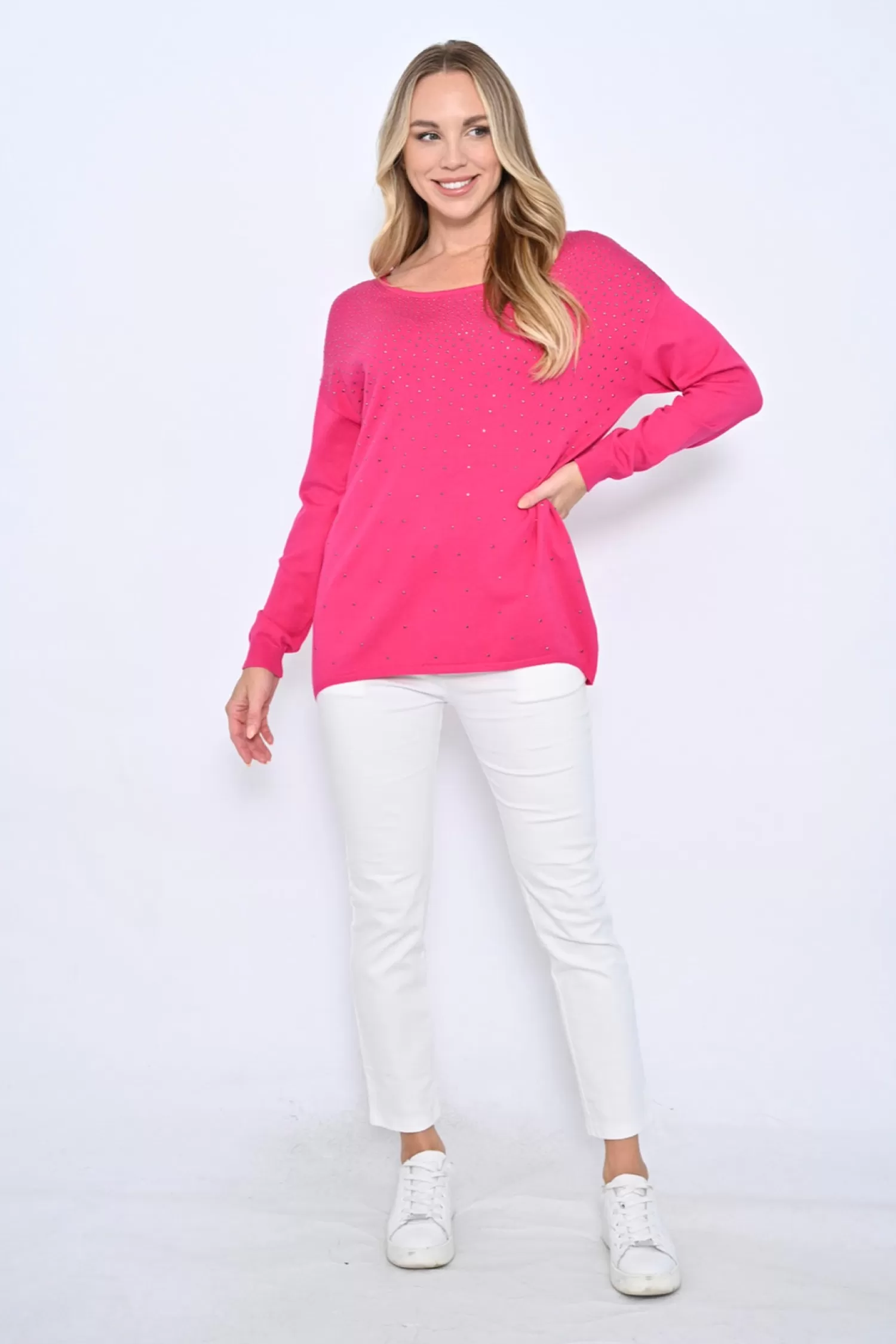 Cali & Co Jumpers & Knitwear*Presley Beaded Knit - Hot Pink- CC6