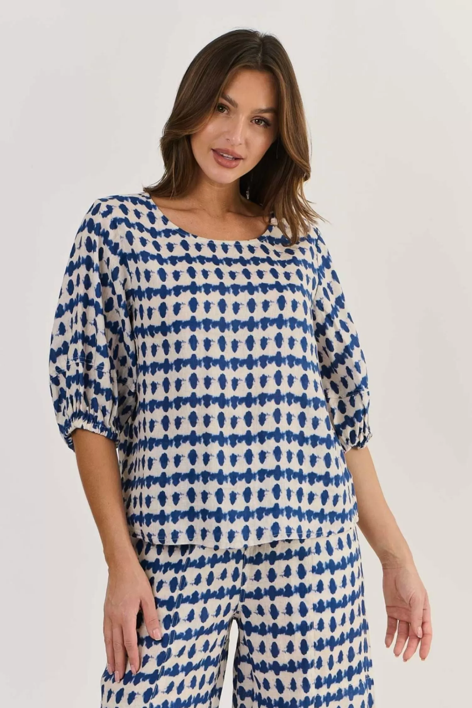 Naturals By O & J Shirts & Tops*Round Neck Linen Top - Delta Blot - OJ28