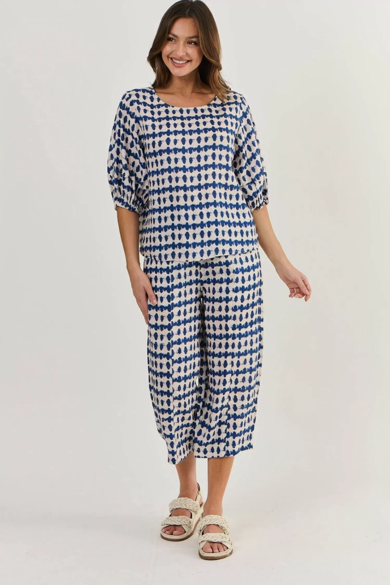 Naturals By O & J Shirts & Tops*Round Neck Linen Top - Delta Blot - OJ28