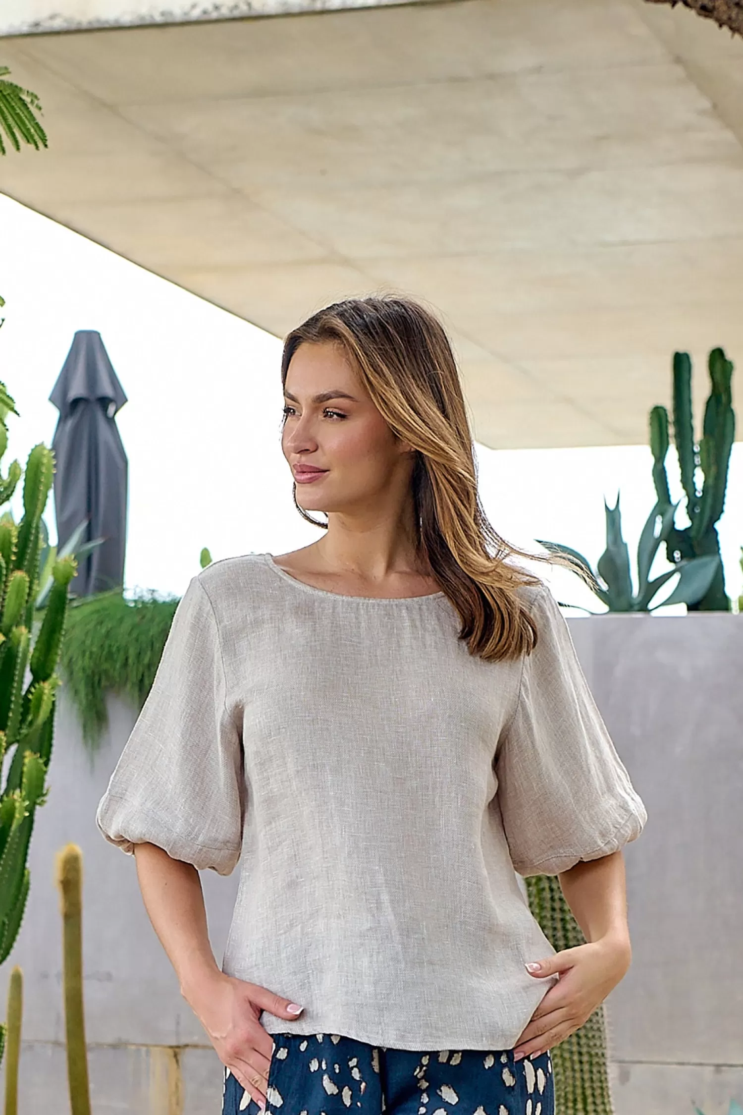 Naturals By O & J Shirts & Tops*Round Neck Linen Top - Dune - OJ28