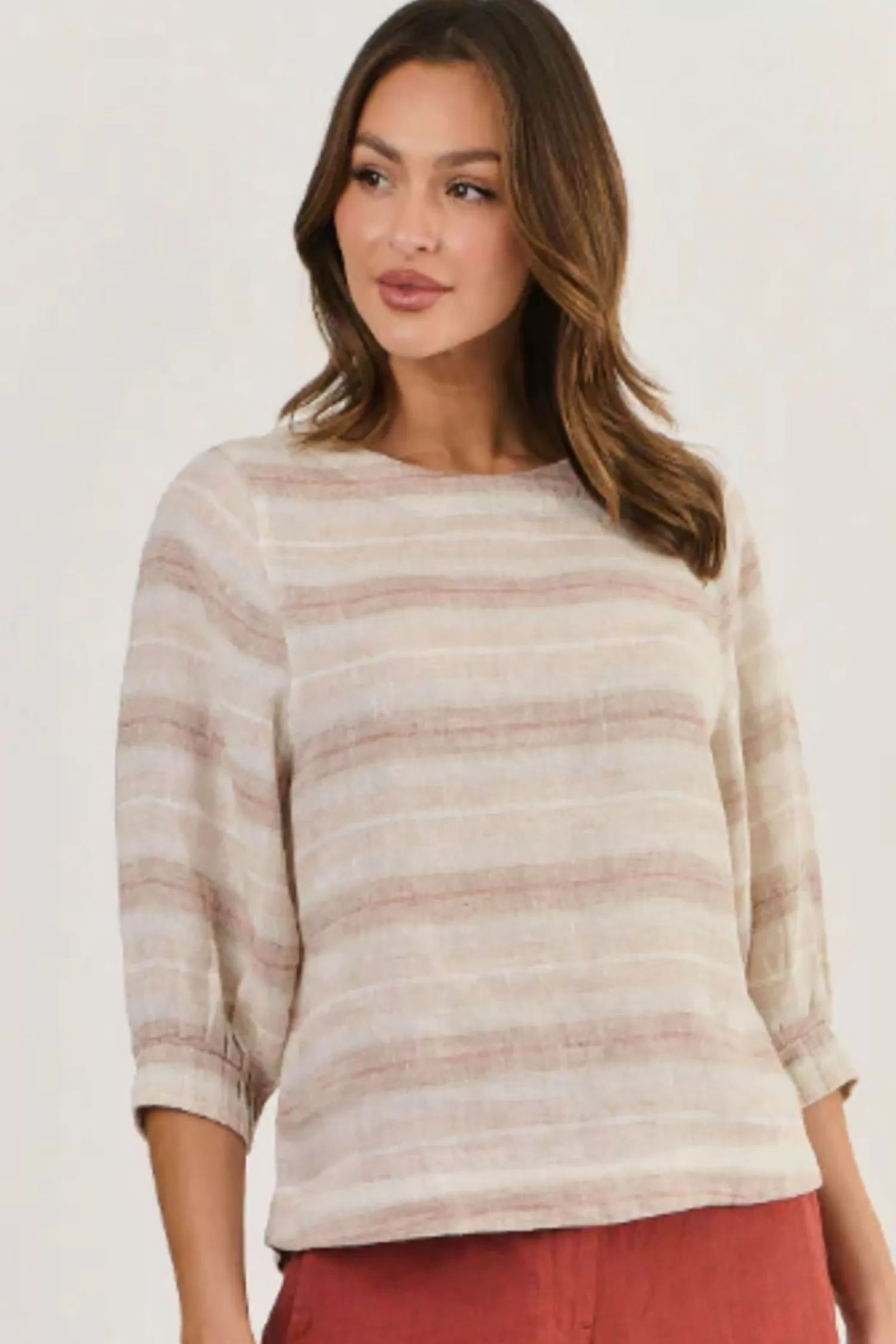 Naturals By O & J Shirts & Tops*Round Neck Linen Top - Travertime - OJ13
