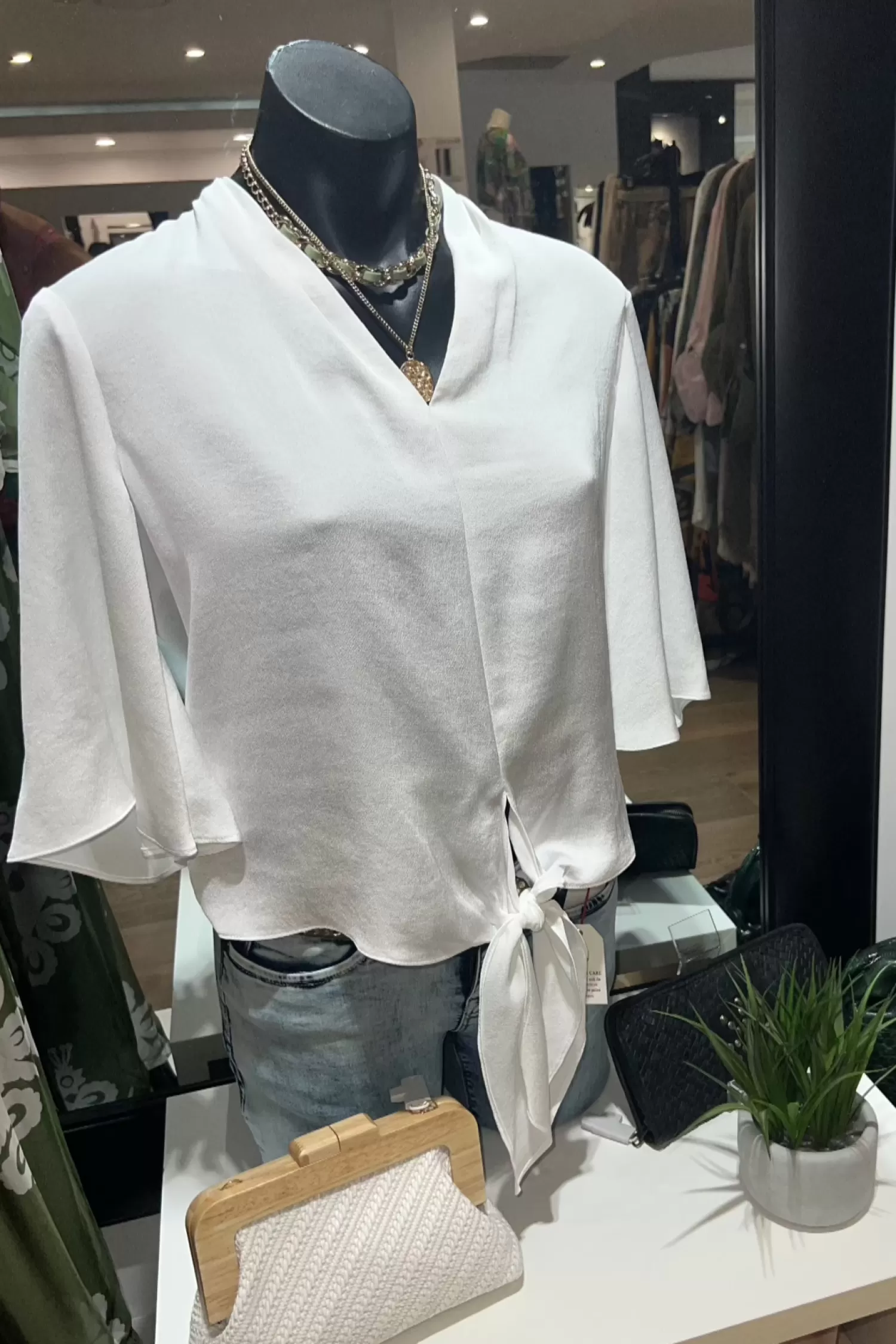 Joseph Ribkoff Shirts & Tops*Satin V-Neck Top with Front Tie - Vanilla - JR4