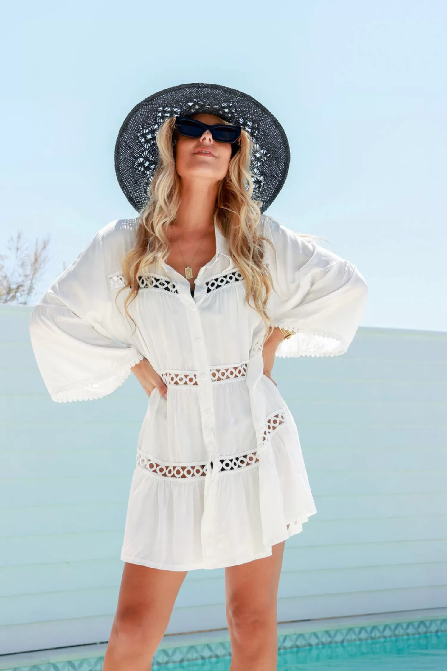 Free Spirit Dresses*Shirt Lace Dress - White - FR6