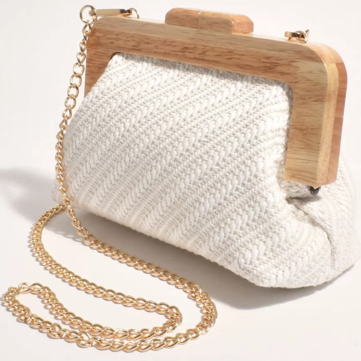 Adorne Handbags*Tessa Diagonal Weave Timber Frame Clutch - White - AD14