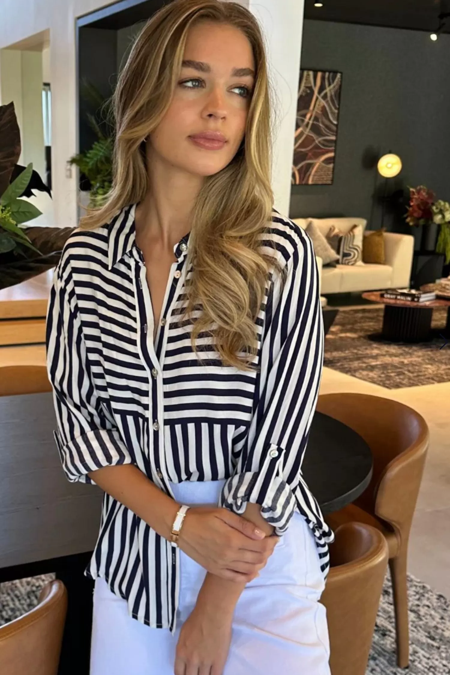 Threadz Shirts & Tops*Tina Stripe Shirt - Black & White - TZ35
