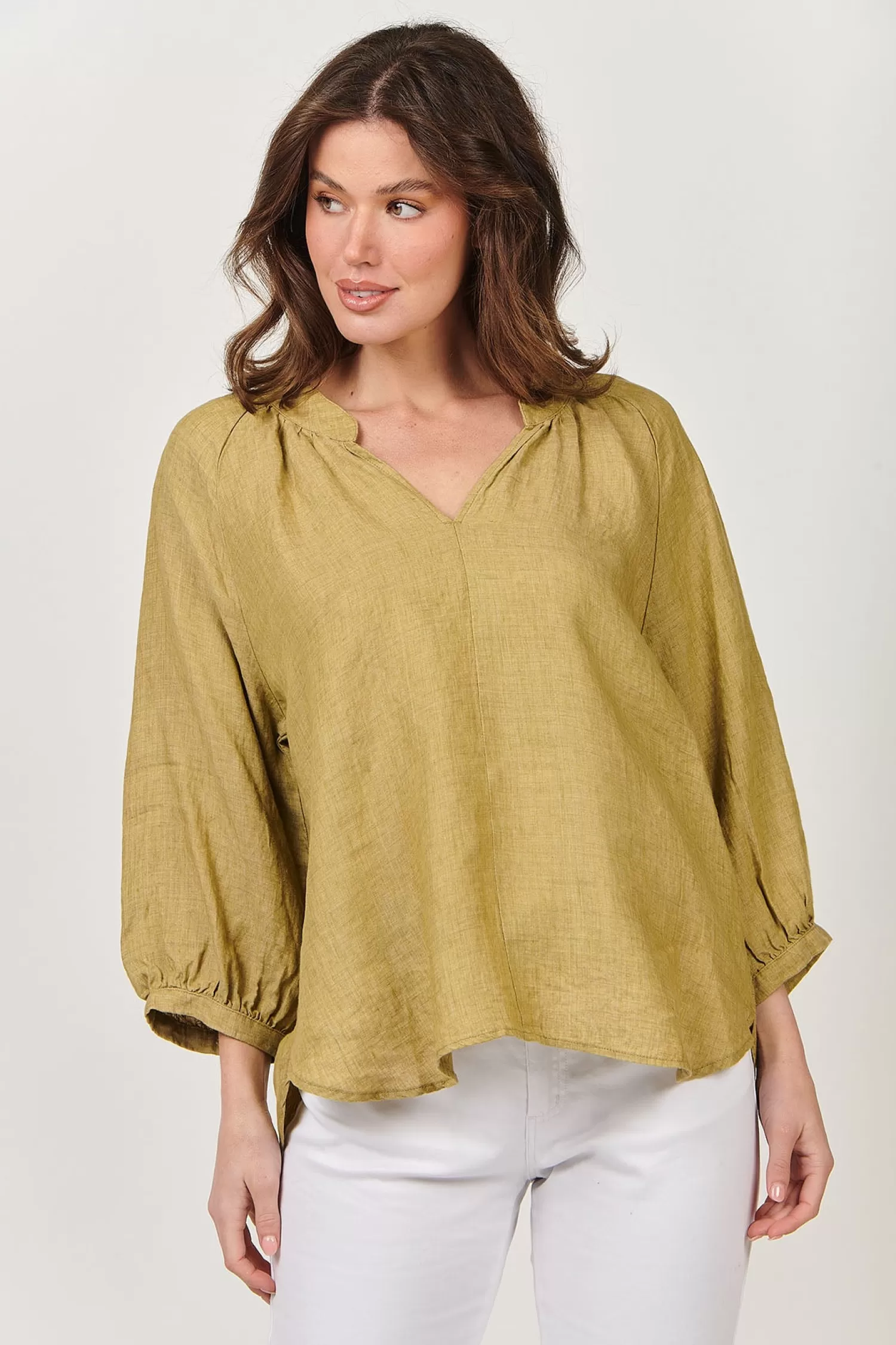 Naturals By O & J Linen Lovers | Shirts & Tops*Trudy V-Neck Linen Top - Peridot - OJ24