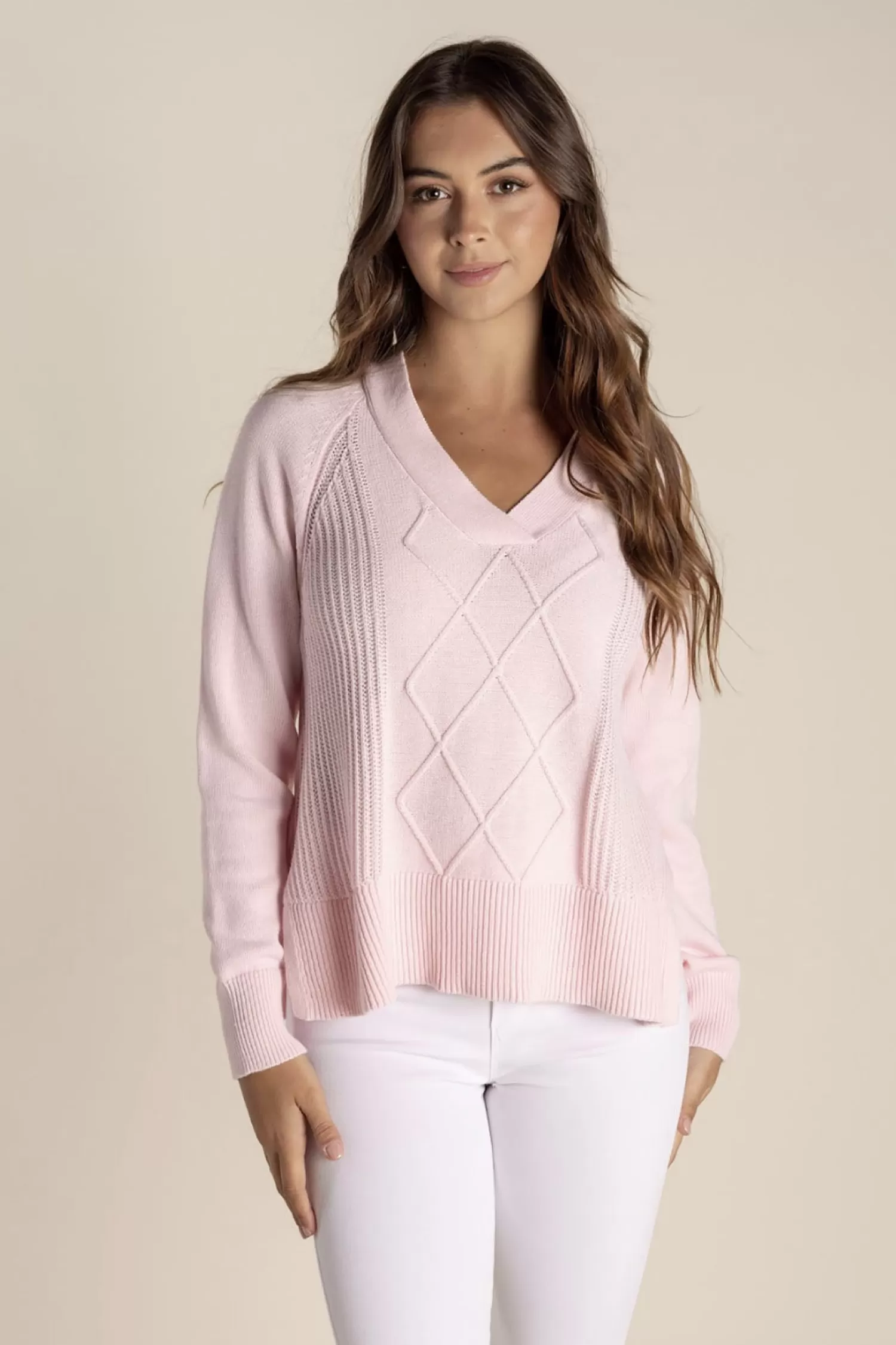 Two-T's Jumpers & Knitwear*Tyra V Neck Cable Sweater - Pale Pink - TT25