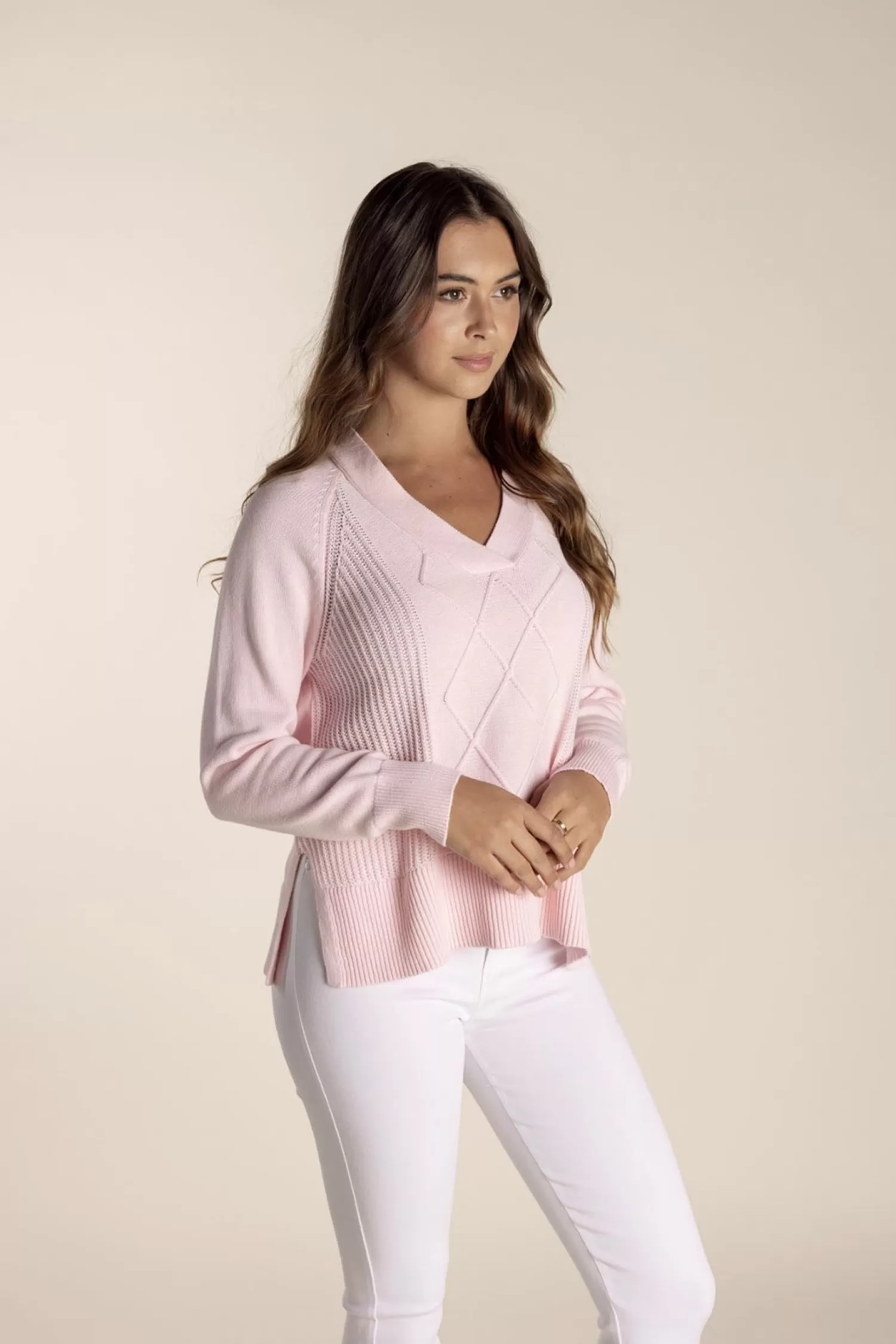 Two-T's Jumpers & Knitwear*Tyra V Neck Cable Sweater - Pale Pink - TT25
