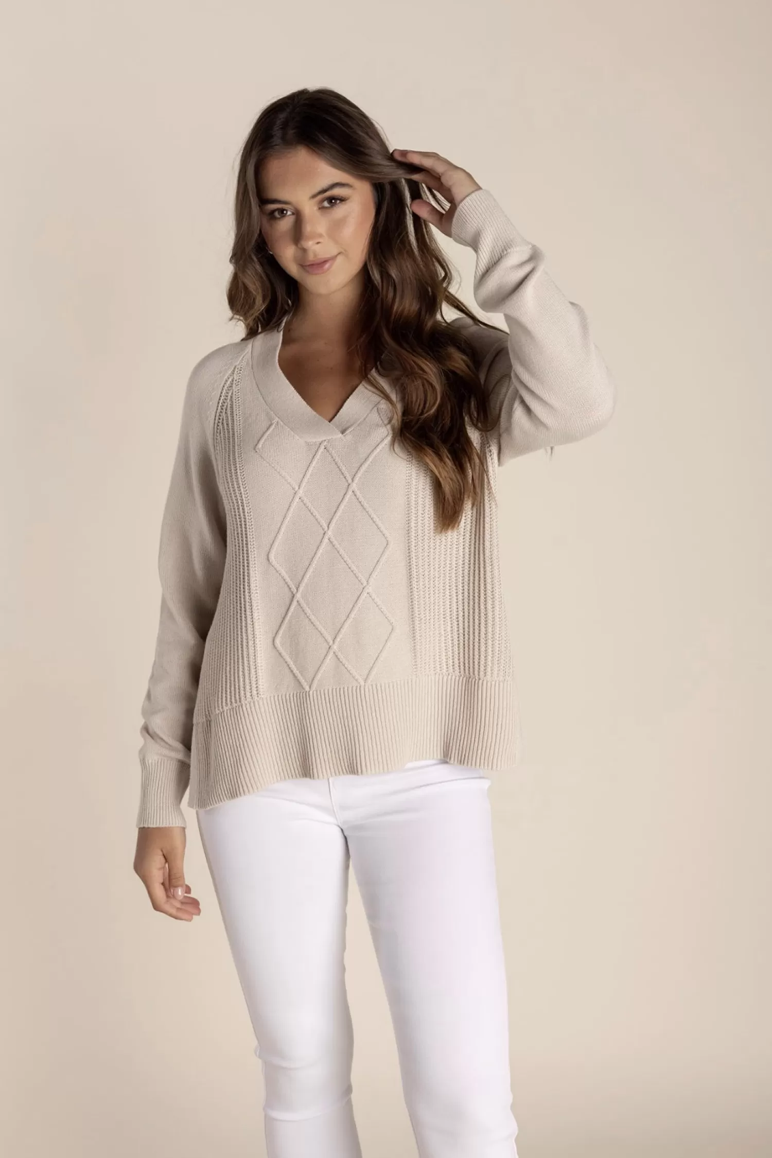 Two-T's Jumpers & Knitwear*Tyra V Neck Cable Sweater - Stone - TT25