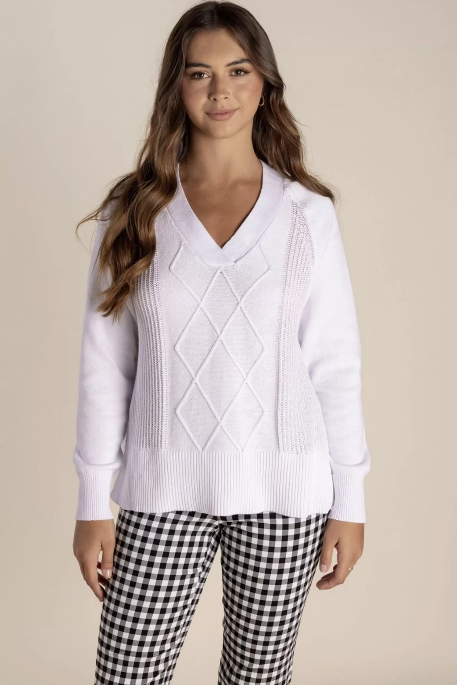 Two-T's Jumpers & Knitwear*Tyra V Neck Cable Sweater - White - TT25
