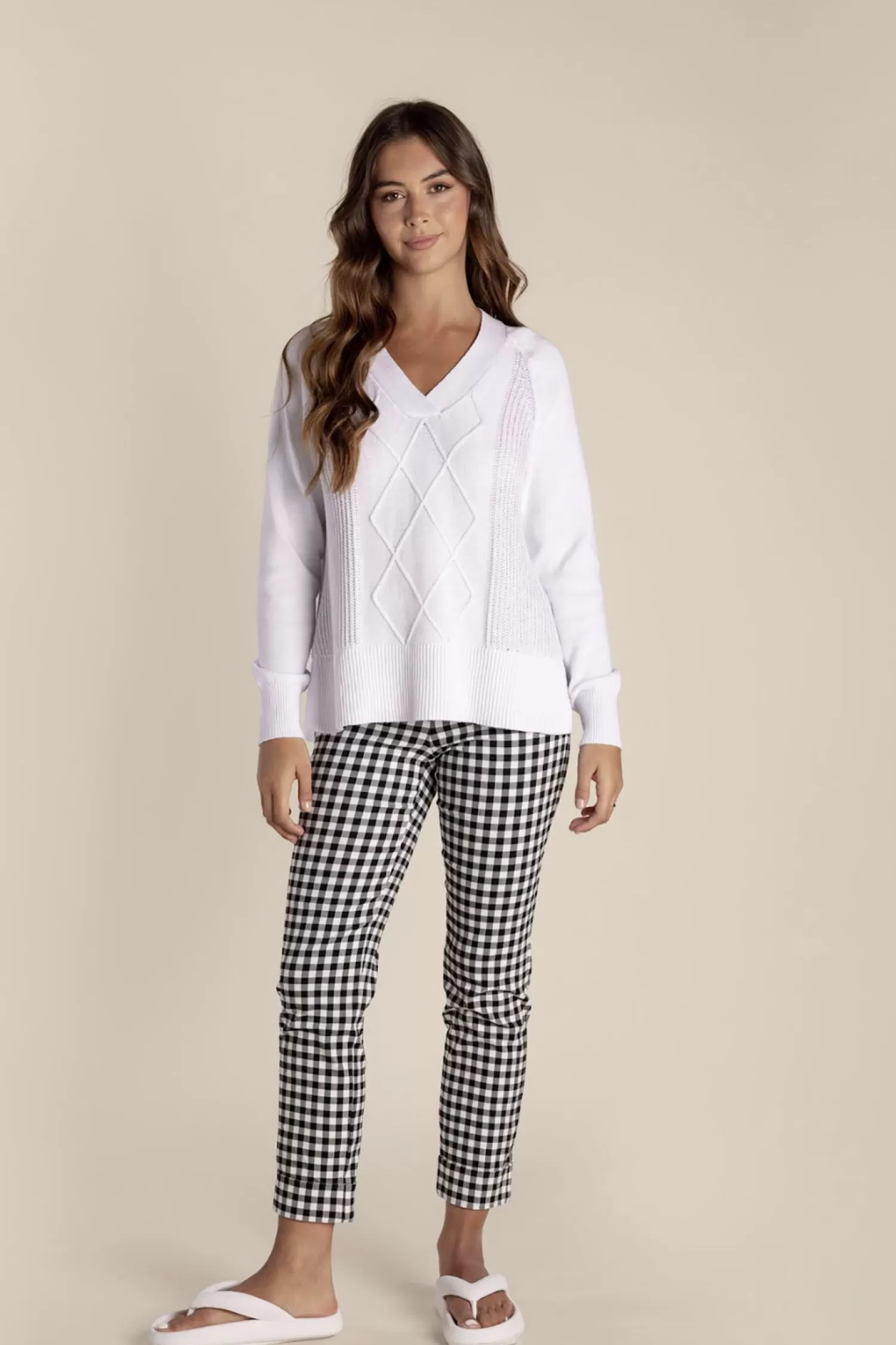 Two-T's Jumpers & Knitwear*Tyra V Neck Cable Sweater - White - TT25