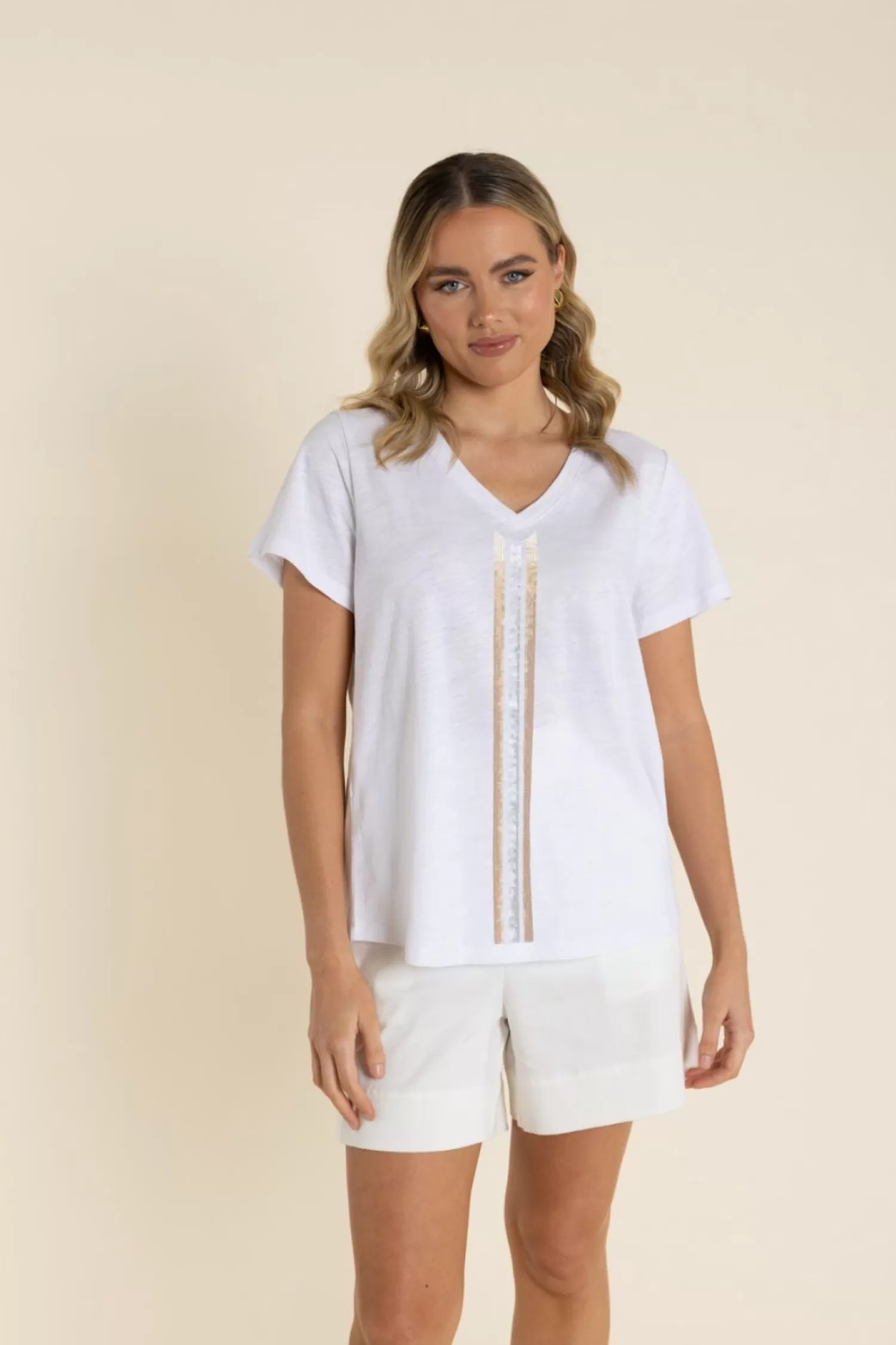 Two-T's Shirts & Tops*Vertical Stripe Sequin Tee - White - TT61